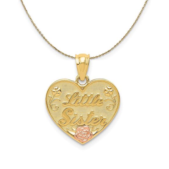 14k Two Tone Gold Little Sister Heart Necklace - 24 Inch - Picture 1 of 7
